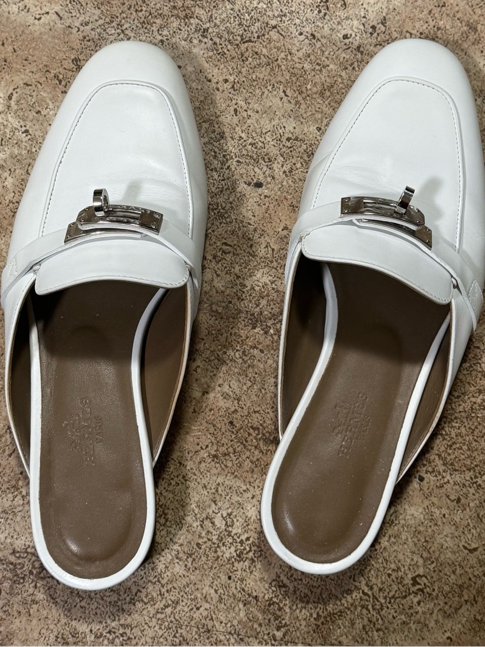 Hermes White Leather Slip-On Mules with Silver Buckle Hardware Size 36